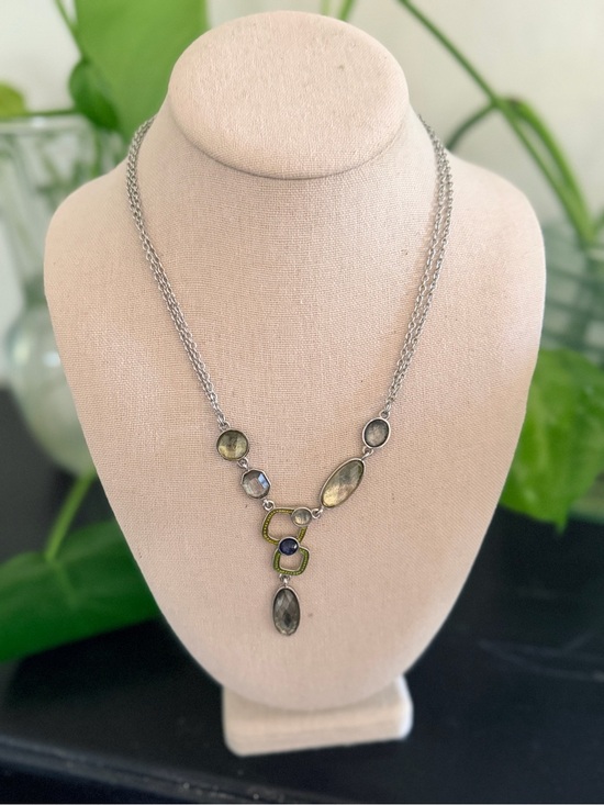 Vintage Jewelry - Vintage Lia Sophia Silver & Light Green Faucet Cut Crystal Necklace